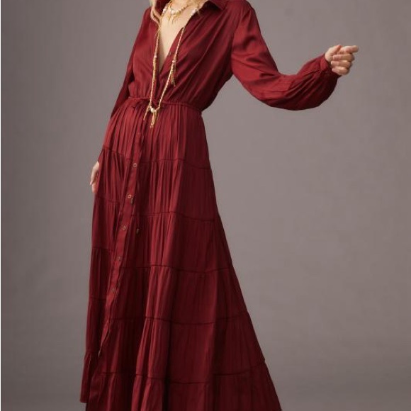 Anthropologie Dresses & Skirts - NEW Anthropologie Satin Tiered Button-Front Adjustable Maxi Dress, Red, Medium